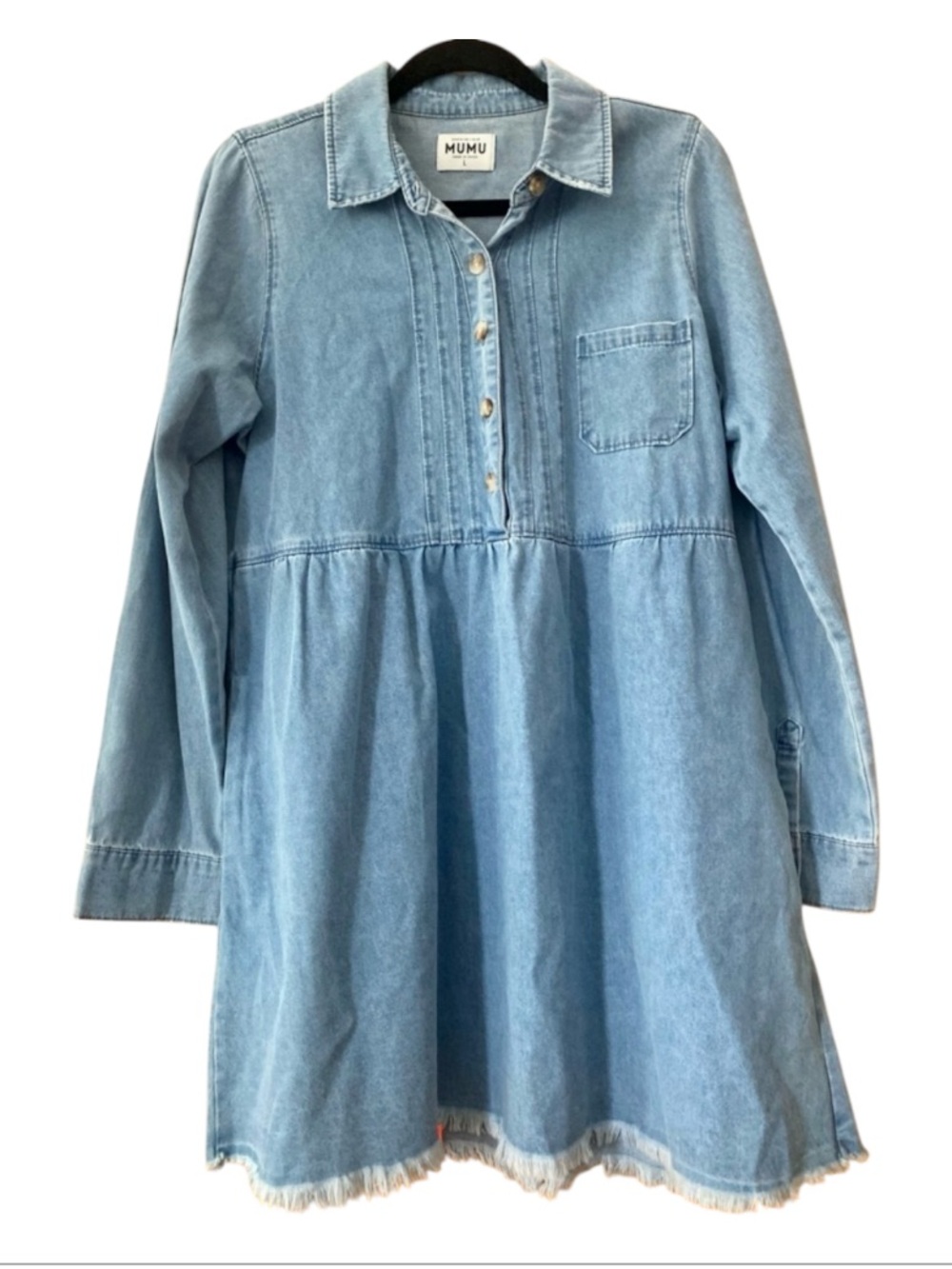 Show Me Your Mumu Chambray Denim Babydoll Dress Pockets 100% Cotton Size L